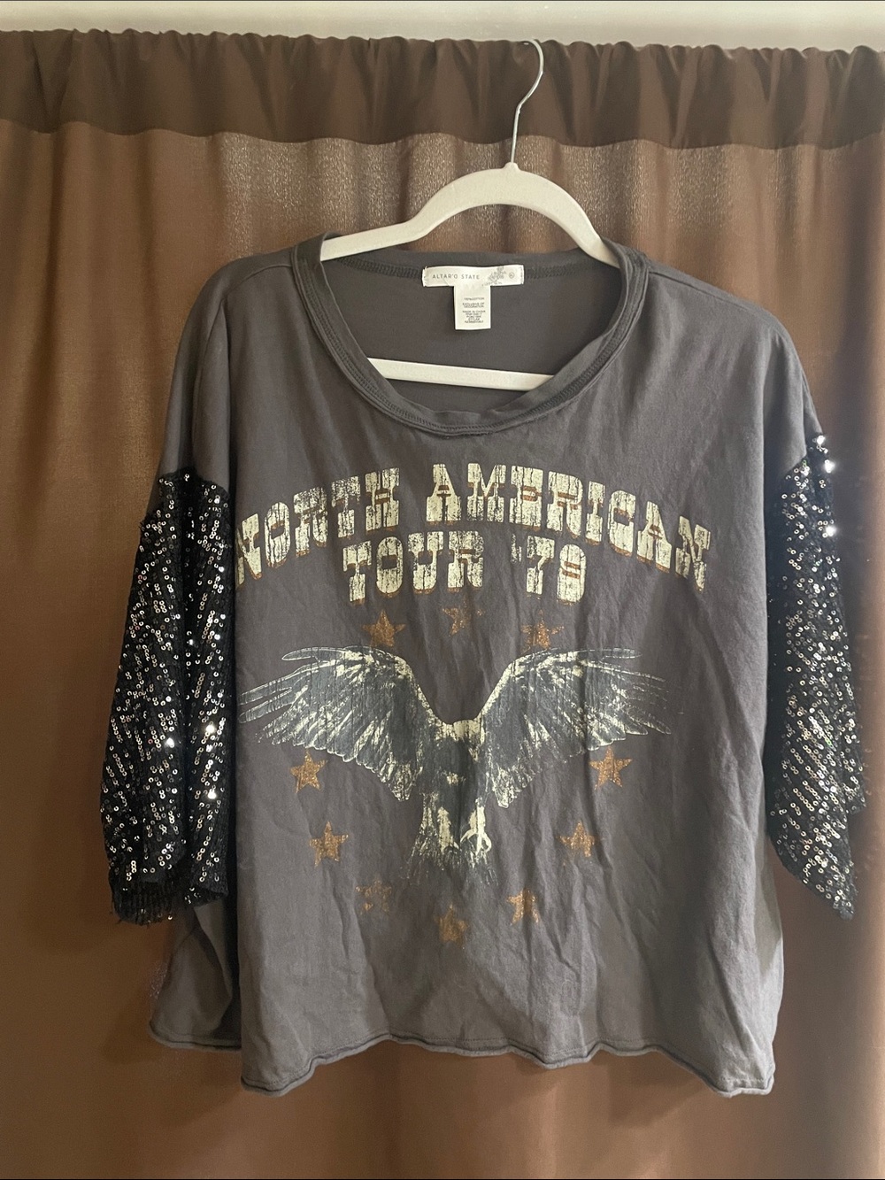 Altar'd State Gray Eagle Graphic Sweatshirt with Sequin Black Sleeves